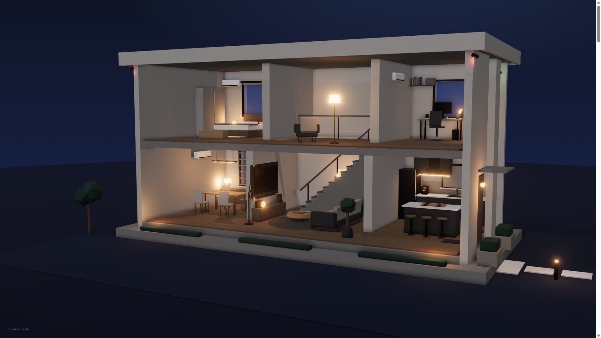 A two-storey smart home at dusk, every room lit by its devices